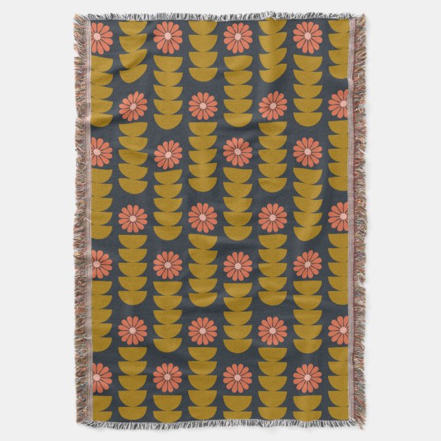 Bold Boho Botanical Geometric Blue Gold  Throw Blanket (Front Vertical)