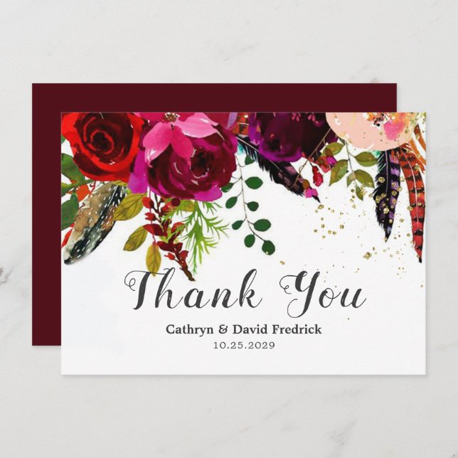 Bold Boho Burgundy Floral Wedding Flat Thank You Card (Front/Back)