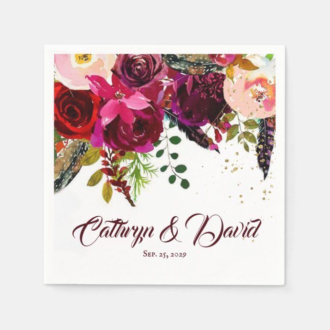 Bold Boho Burgundy Floral Wedding Personalised Napkin (Front)
