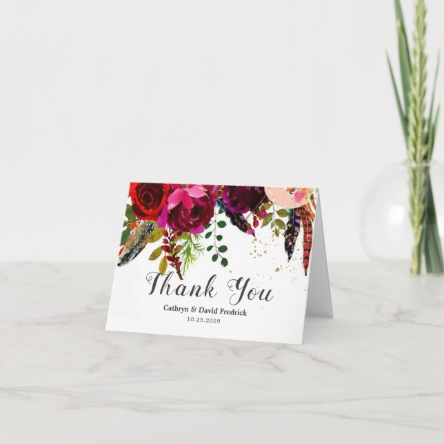 Bold Boho Burgundy Floral Wedding  Thank You Card (Front)