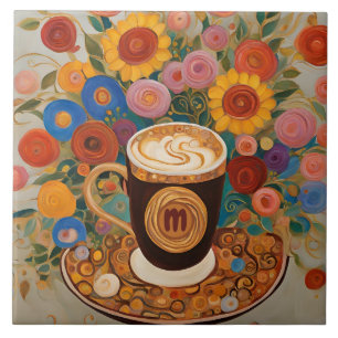 Bold Boho Floral Monogram Coffee Cup Ceramic Tile