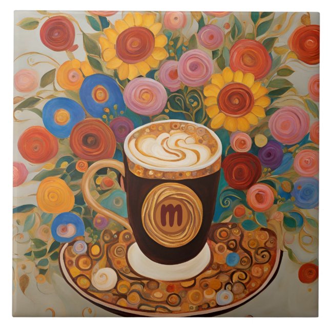 Bold Boho Floral Monogram Coffee Cup Ceramic Tile (Front)