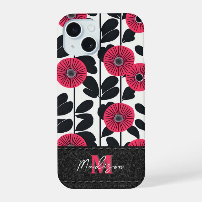 Bold Boho Floral Pattern Monogram iPhone 15 Case (Back)