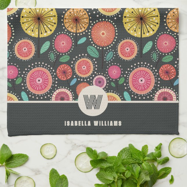 Bold Boho Scandi Folk Flowers Monogram Tea Towel (Folded)