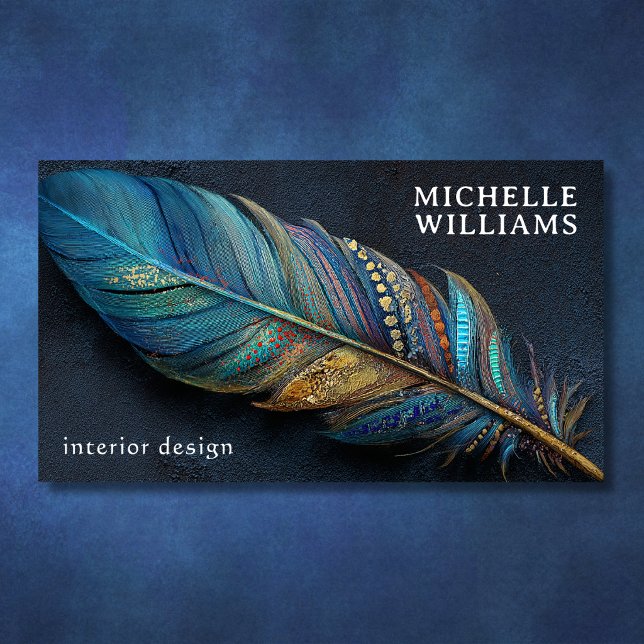Bold Boho Teal Blue Gold Feather Artistic Design Business Card (Bold Boho Teal Blue Gold Feather Artistic Design Business Card Front)