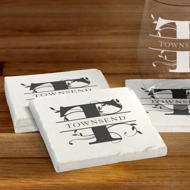 Bold Botanical Monogram Initial Name  Stone Coaster (Creator Uploaded)