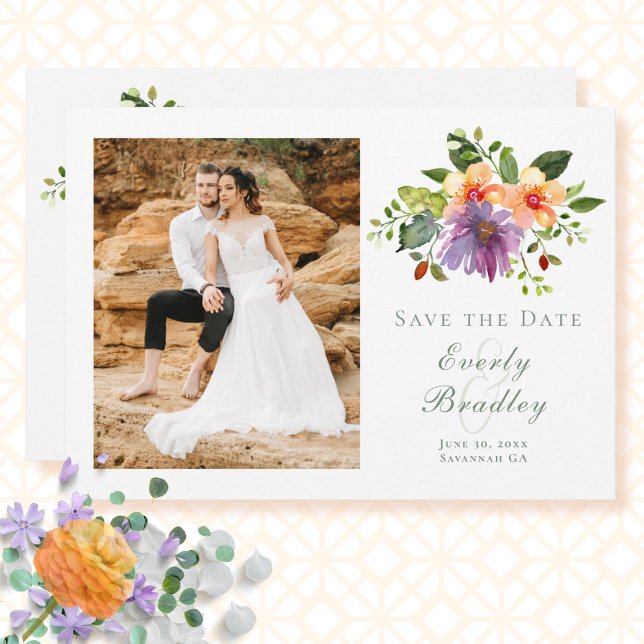 Bold Botanical Purple Peach Save the Date Photo Invitation (Creator Uploaded)