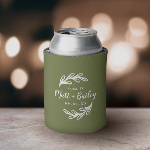 Bold Branch Wedding Monogram Olive Green Can Cooler