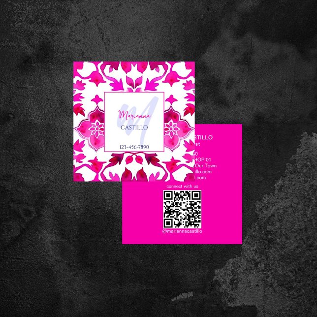 Bold bright colourful unique pink template qr square business card (Bold bright colorful unique pink template qr square business card fuchsia hot pink tile pattern)
