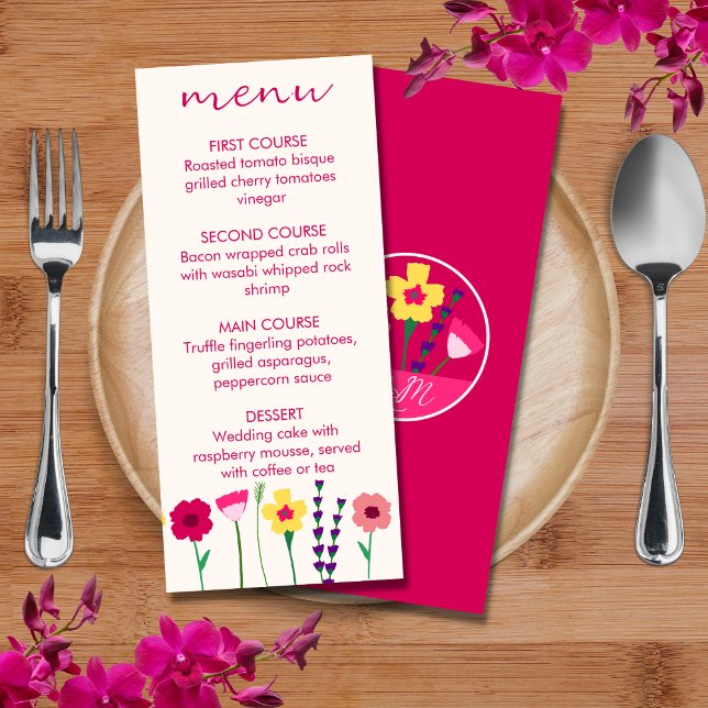 Bold & Bright Fuchsia Pink Colourful Floral Weddin Menu (Creator Uploaded)