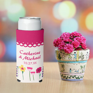 Bold & Bright Fuchsia Pink Colourful Floral Weddin Seltzer Can Cooler