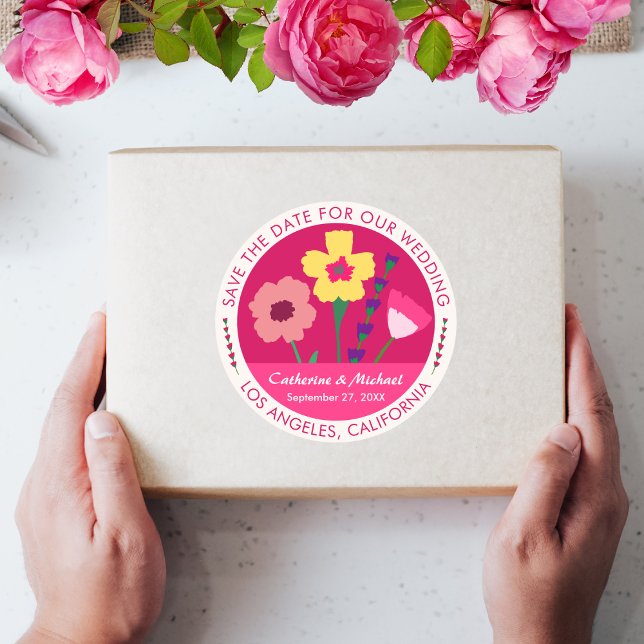 Bold & Bright Fuchsia Pink Floral Save The Date Classic Round Sticker (Creator Uploaded)