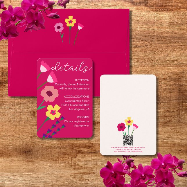 Bold & Bright Fuchsia Pink Floral Wedding QR Code Enclosure Card (Creator Uploaded)