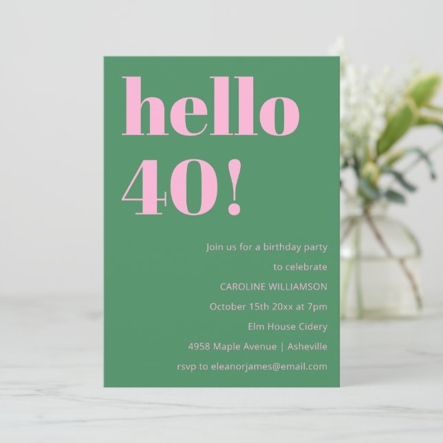 Bold Bright Modern Retro Pink Green 40th Birthday Invitation (Standing Front)
