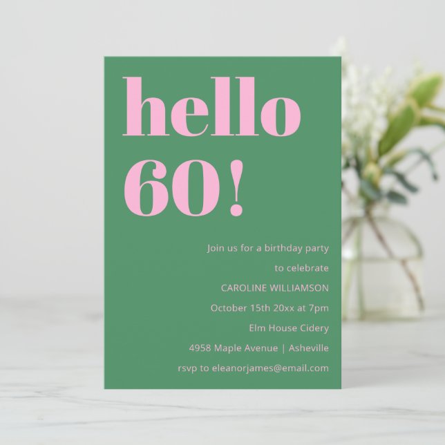 Bold Bright Modern Retro Pink Green 60th Birthday Invitation (Standing Front)
