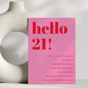 Bold Bright Modern Retro Pink Red 21st Birthday Invitation