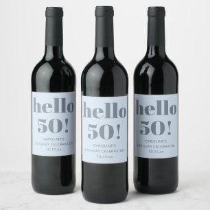 Bold Bright Modern Retro Soft Blue 50th Birthday Wine Label