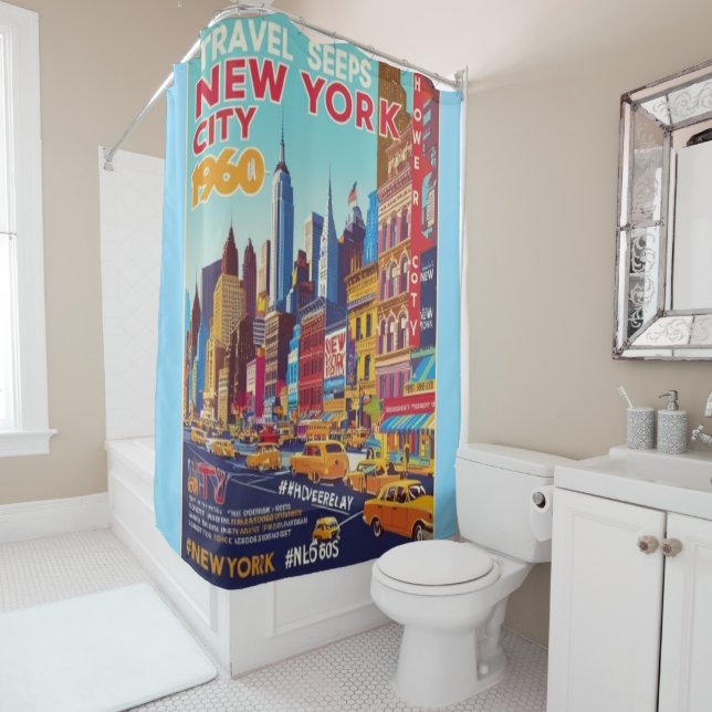 Bold & Bright NYC | 1960s Travel Poster Shower Curtain (In Situ)