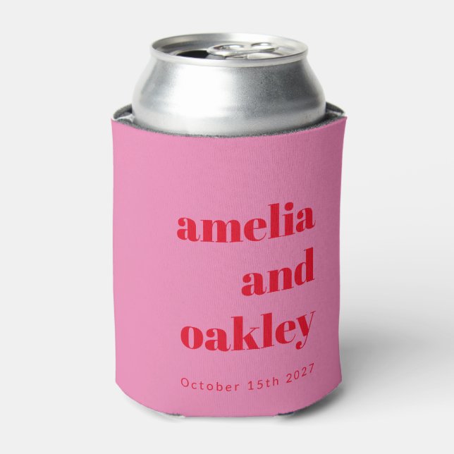 Bold Bright Pink and Red Retro Custom Wedding Can Cooler (Can Front)