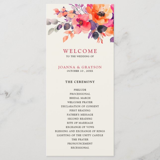 Bold Bright Pink Orange Watercolor Floral Wedding Program (Front)