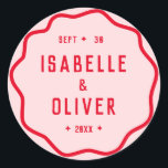 Bold Bright Pink Red Squiggle Wavy Retro Curve Classic Round Sticker<br><div class="desc">Introducing our Bold Bright Pink Red Squiggle Wavy Retro Curve Classic Round Sticker, the perfect addition to your wedding decor. This sticker features a captivating blend of bold typography, vibrant colours, and a unique trendy aesthetic that will elevate your wedding style. The striking combination of bright pink and red hues...</div>