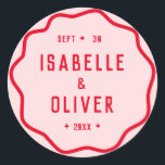 Bold Bright Pink Red Squiggle Wavy Retro Curve Classic Round Sticker<br><div class="desc">Introducing our Bold Bright Pink Red Squiggle Wavy Retro Curve Classic Round Sticker, the perfect addition to your wedding decor. This sticker features a captivating blend of bold typography, vibrant colours, and a unique trendy aesthetic that will elevate your wedding style. The striking combination of bright pink and red hues...</div>