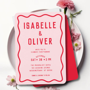 Bold Bright Pink Red Squiggle Wavy Retro Wedding Invitation