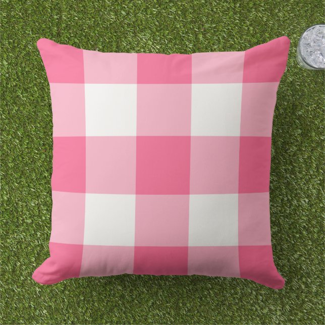 Bold Bright Pink White Large Gingham Check Cushion (Grass)