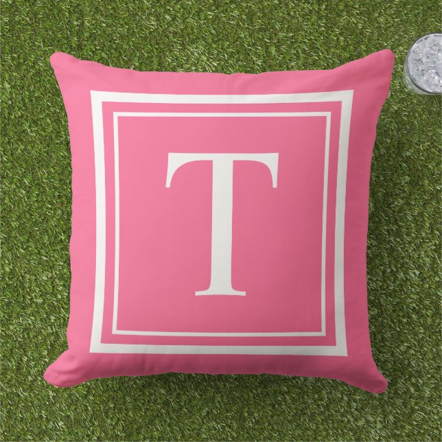 Bold Bright Pink White Square Frame Monogram Cushion (Grass)