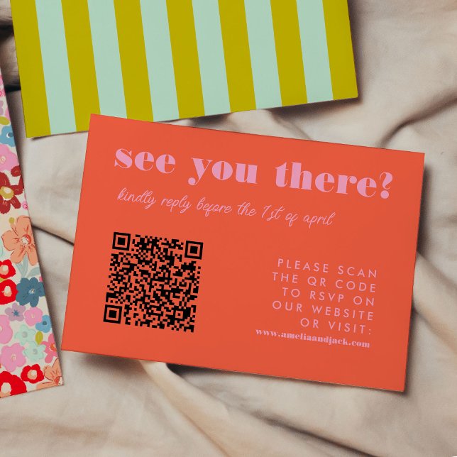 Bold Bright Red and Pink QR Code RSVP Wedding Card (Bold Bright Red and Pink QR Code RSVP Wedding, green and mint blue stripes on backside)