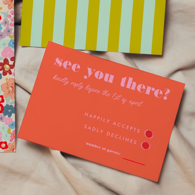 Bold Bright Red and Pink Simple RSVP Wedding Card (See You There - Bold Bright Red and Pink Simple RSVP Wedding, green and mint green stripes on back)