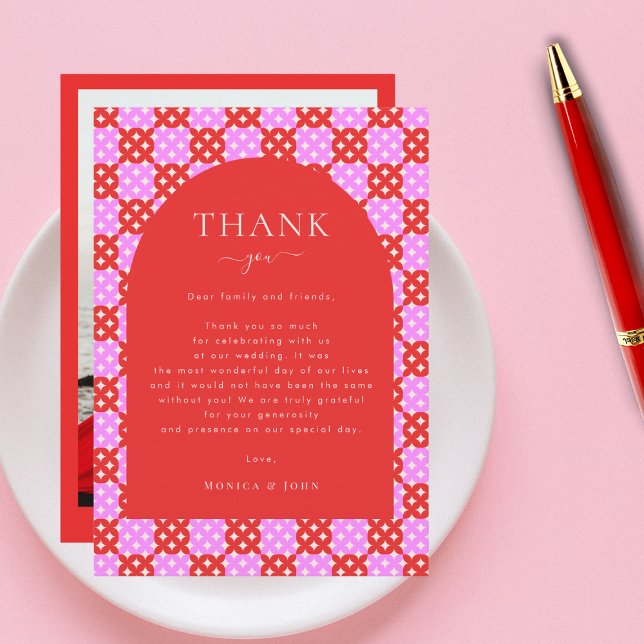 Bold Bright Red Pink Mid Century Mod Photo Wedding Thank You Card (Creator Uploaded)