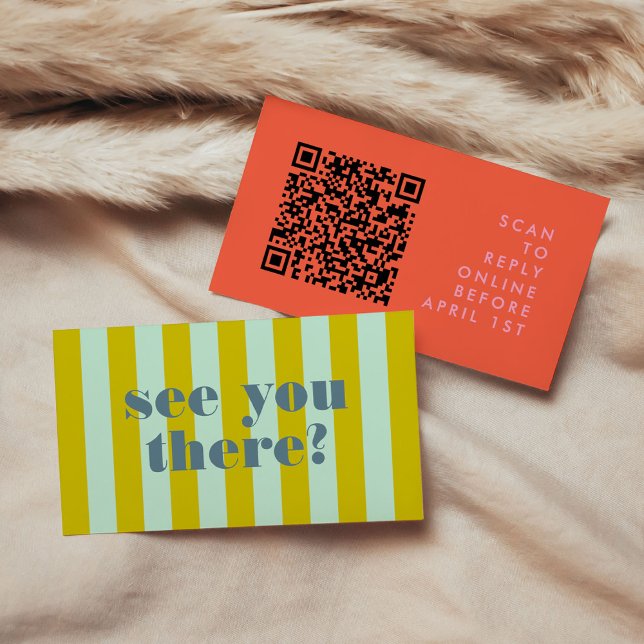 Bold Bright Red QR Code RSVP Wedding Enclosure Card (See You There? Bold Bright Red QR Code RSVP Wedding Enclosure Card with green and mint blue stripes)