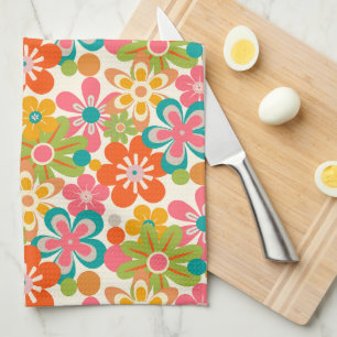 Bold Bright Retro Abstract Flower Pattern Tea Towel