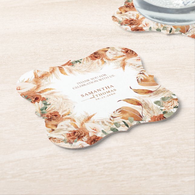 Bold Bright Terracotta Boho Wedding Thank You  Paper Coaster (Angled)
