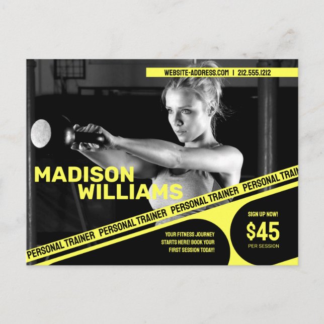 Bold Bright Yellow Personal Trainer Photo Postcard (Front)