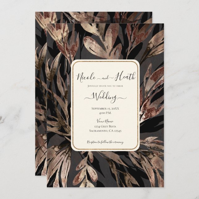 Bold Bronzy Floral Botanical Chic Wedding  Invitation (Front/Back)