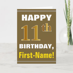 Bold, Brown, Faux Gold 11th Birthday w/ Name Card