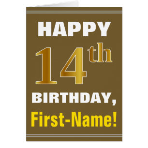 Bold, Brown, Faux Gold 14th Birthday w/ Name Card