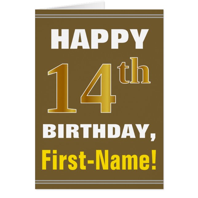 Bold, Brown, Faux Gold 14th Birthday w/ Name Card (Front)