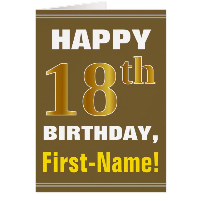Bold, Brown, Faux Gold 18th Birthday w/ Name Card (Front)
