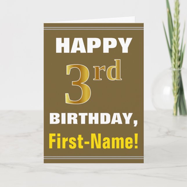 Bold, Brown, Faux Gold 3rd Birthday w/ Name Card (Front)