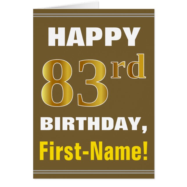 Bold, Brown, Faux Gold 83rd Birthday w/ Name Card (Front)