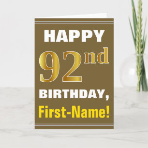 Bold, Brown, Faux Gold 92nd Birthday w/ Name Card