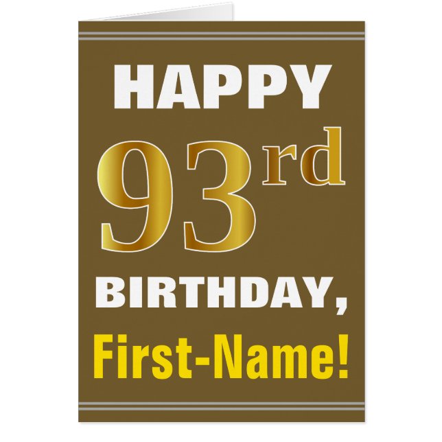 Bold, Brown, Faux Gold 93rd Birthday w/ Name Card (Front)