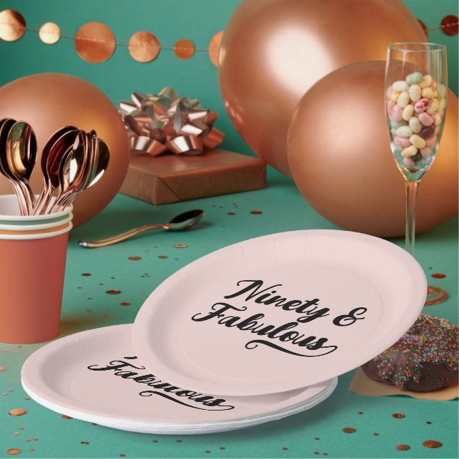 Bold Brush Script Ninety & Fabulous  Blush Paper Plate (Multi)