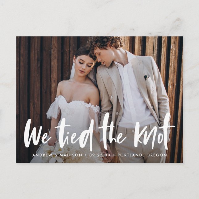 Bold Brush Script Photo We Tied The Knot Postcard (Front)