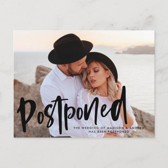 Bold Brush Script Photo Wedding Postponement Announcement Postcard (Front)
