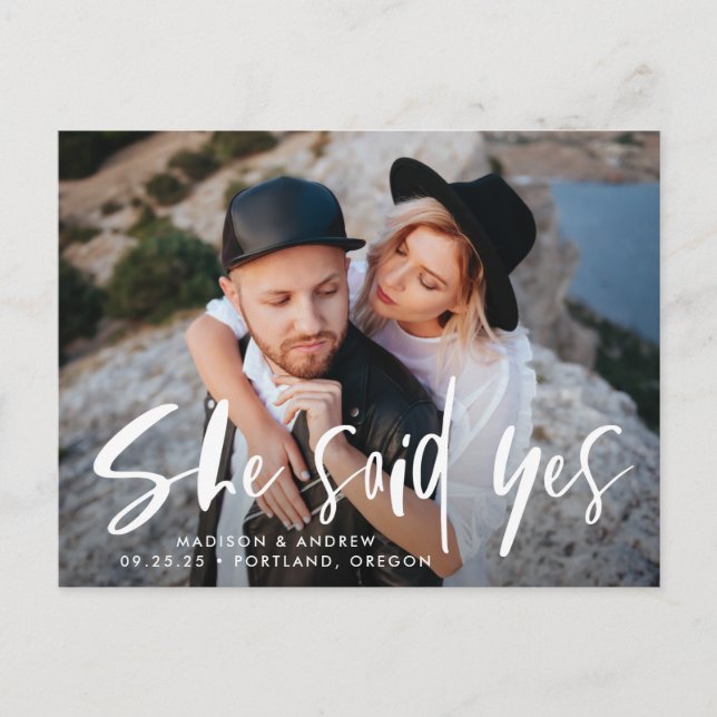 Bold Brush Script She Said Yes Photo Save the Date Announcement Postcard (Front)