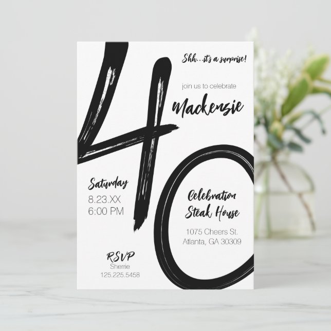 Bold Brush Stroke 40th Birthday Surprise Party Invitation (Standing Front)